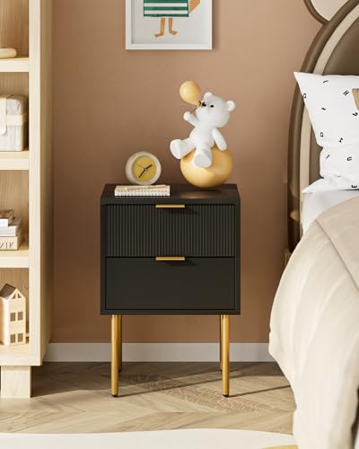 Nightstand,Small Bedside Table with Gold Frame,Black Night Stand,Bedside Furniture,Side Table with 2Drawers for Bedroom,Living Room - color: Black., style: 2Drawers