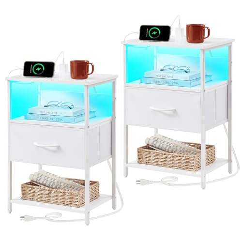 Somdot Nightstand Set of 2 with Charging Station & LED Light, Bedside Table | Dorm, Guest Room, Kids Room, Laundry, Closet, Entryway and Hallway, White - color: White, size: 11.8"D x 15.7"W x 23.4"H (1 Drawers)