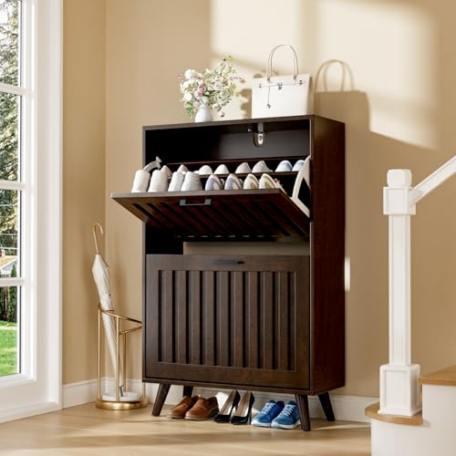 Shoe Storage Cabinet with 2 Flip Drawers, Modern Freestanding Organizer with Adjustable Shelf, Narrow Shoe Rack Cabinet for Entryway, Walnut - color: Walnut, size: 2 Flip Drawers