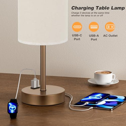 Touch Table Lamp - Beige, 3-Way Dimmable, USB A + C Charging, AC Outlet, 17.4inch Medium, Brown Metal Base - color: Beige - Brown, size: 17.4" Touch Control