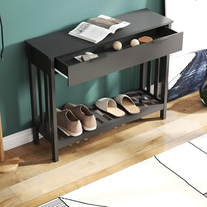 TaoHFE Black Narrow Console Table with Drawer Storage Shelf, Modern Wooden Entryway Sofa Table, 39 Inch Slim Behind Couch Table, Side Display Console Table for Living Room,Office,Black - color: Black