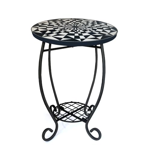 LIFFY Outdoor Side Table,12" Round Ceramic Tabletop Accent Table with Metal Frame, Indoor Small Decorative Plant Stand & End Table for Home, Patio, Garden - color: White & Black-12 Inches