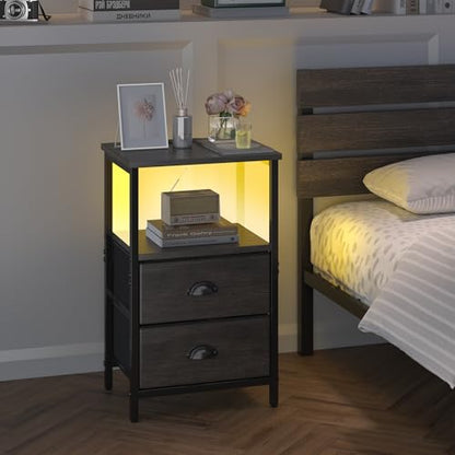 sthmec Nightstand with Charging Station, LED Night Stand Set of 2, Bedside Table End Table with Drawer, Bedroom Tables with 2 Fabric Drawers, 3-Tier Storage Side Table for Bedroom, Black Oak - color: Black Oak