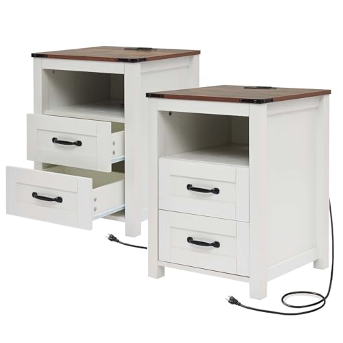 Farmhouse Night Stand Set of 2, Rustic White Nightstand for Bedroom, End Tables with Charging Station, Bedside Table with Drawers, Wood Bedside Cabinet Dresser - color: White, size: 2pcs with Charging