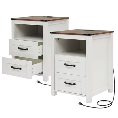 Farmhouse Night Stand Set of 2, Rustic White Nightstand for Bedroom, End Tables with Charging Station, Bedside Table with Drawers, Wood Bedside Cabinet Dresser - color: White, size: 2pcs with Charging