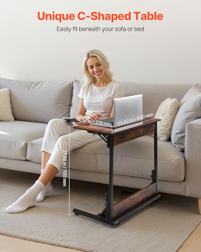 VEVOR C Table, Folding C Shaped End Table with Metal Frame & Adjustable Feet, Foldable C Shaped Side Table for Living Room Bedroom Office, 23.62 x 14.57 x 27.56 inch TV Tray, Brown and Black - style: Folding