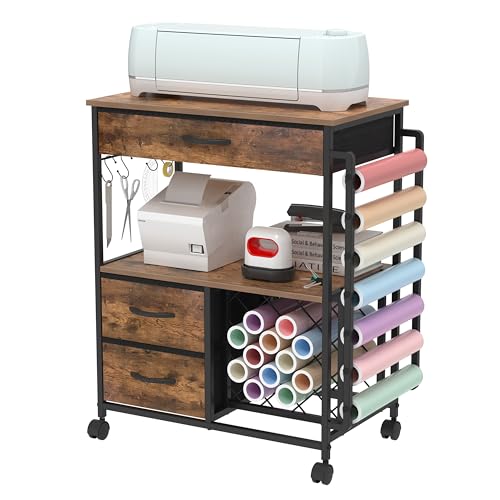 VENNQD Storage Cart Compatible with Cricut Machines Stand Cutting Machine Stand with Drawers and Vinyl Roll Holder Rolling Craft Cabinet Table for Cricut Craft Workstation (Rustic Brown) - color: Rustic Brown