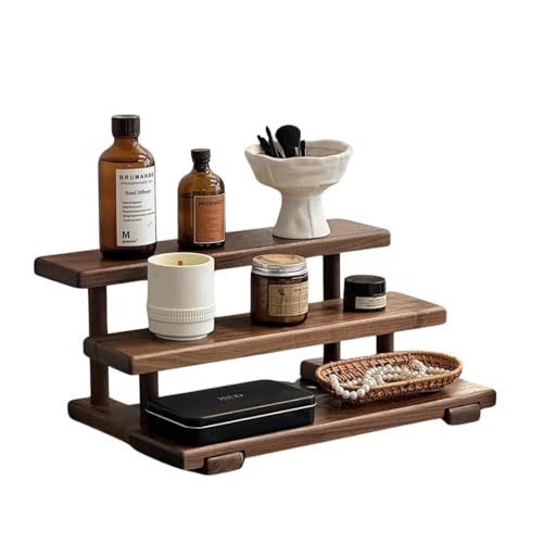 Walnut Wood Countertop Organizer, Multi-Tier Storage Rack for Perfume, Skincare, and Collectibles, Vintage Wooden Display Shelf for Vanity, Office, or Living Room