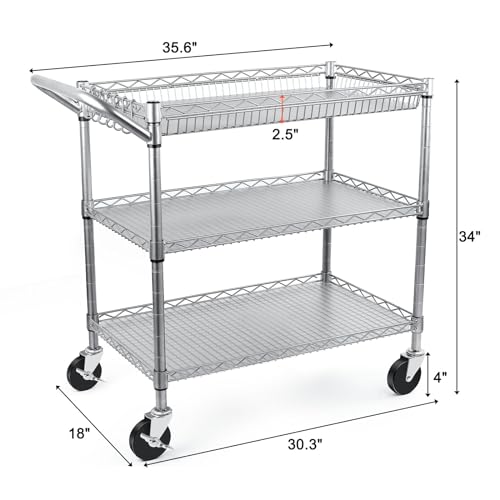 BolDuck Heavy Duty Utility Cart, 990Lbs Capacity 3 Tier Rolling Carts with Wheels, Kitchen Cart on Wheels with Storage, Commercial Grade Metal Serving Carts with Wire Shelving &Handle Bar, Silver - color: Silver