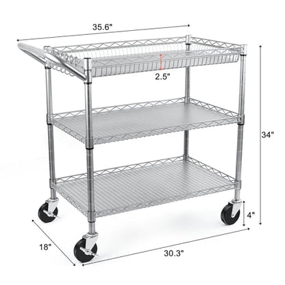 BolDuck Heavy Duty Utility Cart, 990Lbs Capacity 3 Tier Rolling Carts with Wheels, Kitchen Cart on Wheels with Storage, Commercial Grade Metal Serving Carts with Wire Shelving &Handle Bar, Silver - color: Silver