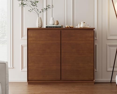 39"Real Wood Veneer Narrow Sideboard Buffet,Entryway Storage Cabinet | Natural Wood Veneer,39"L*9.3"W*32"H,Thin Sideboard Cabinet,Mid-Century Modern Skinny Buffet Cabinet with Anti-Tipping,Walnut - color: Brown Walnut-1 Piece