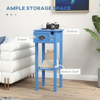 HOMCOM Narrow End Table with Drawer and Bottom Shelf Set of 1 Light Blue | Tall Telephone Table, Skinny Modern Design, for Small Spaces, Living Room - color: Light Blue