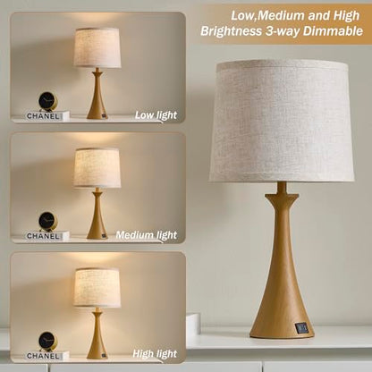 Touch Lamp for Living Room Bedroom, 21" Table Lamps Set of 2 with USB C+A Ports and Oatmeal Lamp Shades, Touch Bedside Lamps for Nightstand with 3 Way Dimmable, 2 LED Bulbs Included, Wood Grain - color: Wood Grain