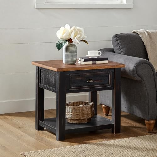 Monterey Farmhouse Rustic End Table, Solid Pine Wood Coastal Side Table with Drawer and Shelf. Black and Honey. | Farmhouse Rustic, Coastal Side Table, Drawer and Storage Shelf - color: Black and Honey