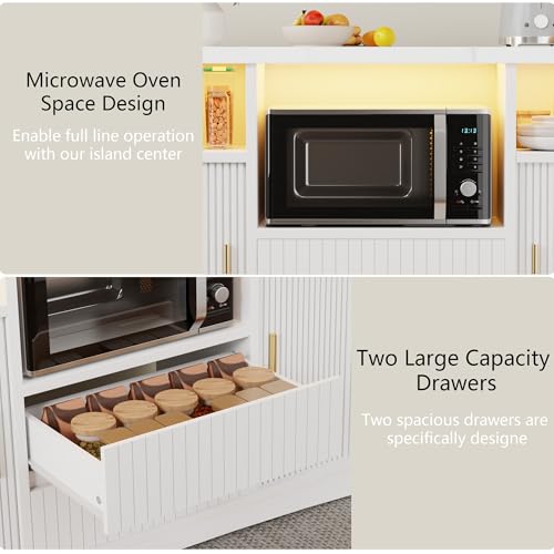 Kitchen Island with Storage, Island Table for Kitchen with Power | Outlet & LED Light, Coffee Cart on Wheels Rolling Buffet Cabinet with Fluted Sliding Door, 2 Drawers, Large Countertop, White - color: White