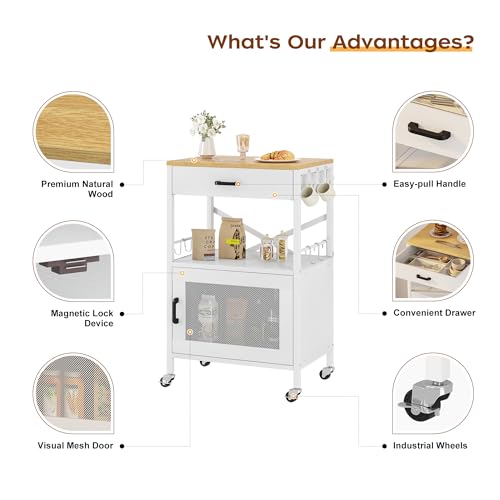 Homeiju Kitchen Island Cart, Kitchen Storage Cart with Drawer, Microwaves Stand, Coffee Cart, Rolling Kitchen Cabinet Cart with Hooks for Kitchen, Dining Room, White - color: White