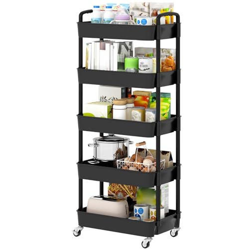 Sywhitta 5-Tier Plastic Rolling Utility Cart with Wheels,Black | Multi-Functional Storage Trolley, for Office, Living Room, Kitchen, Bathroom,Movable Organizer,Space-Saving,Easy to assemble - color: Black, size: 5-tier