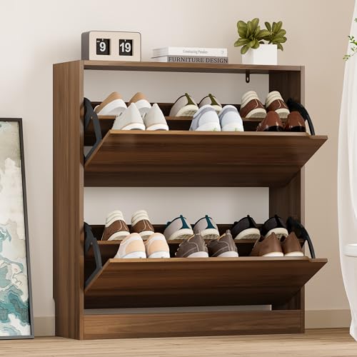 BORNOON Shoe Cabinet with 2 Flip Drawers, Slim Narrow Shoe Storage Cabinet, Freestanding Shoe Organizer with Adjustable & Removable Shelves, Top Display Shelf for Entryway, Hallway, Foyer, Closet - color: Walnut, size: 2 Drawers