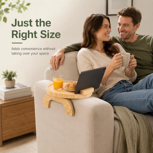 Couch Arm Tray Table Oval, Bamboo Clip-On Sofa Armrest Snack Tray with 360° Phone Holder, Collapsible Cozy Sofa Armrest Tray Bamboo Side Table for Drinks, Food or Something Else (1-Pack) - color: Round Natutal