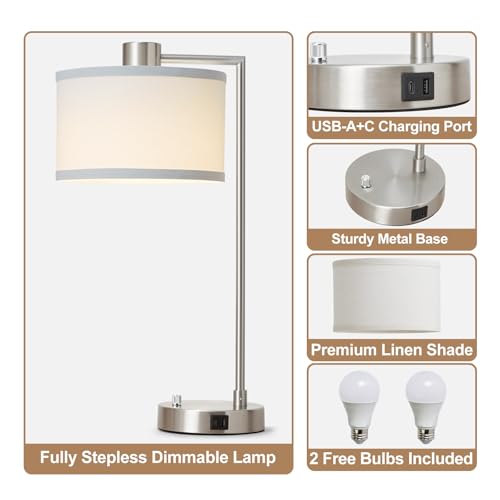 Luvkczc Table Lamps for Living Room with USB C+A Ports - Fully Stepless Dimmable Bedsides Lamp with Linen Lampshade, Lamps for Night Stands Bedroom Reading Office, 2 LED Bulbs Included (Silver) - color: Silver