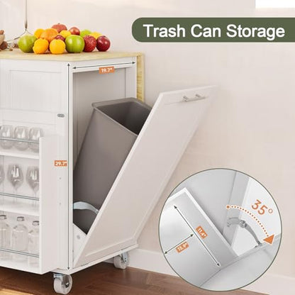 Kitchen Island with Storage, Island Table for Kitchen with Widen Drop Leaf Rubberwood Top, Trash Can Storage and Towel Bar, Rolling Kitchen Island Cart on Wheels for Indoor Outdoor, White