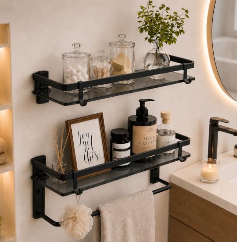 VOLPONE Glass Shelf for Bathroom 15.7 in Black Bathroom Shelves Wall Mounted Tempered Glass Shelving with 4 Removable Hooks (2 Tier) - style: 2 tier with towel hooks-black