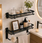 VOLPONE Glass Shelf for Bathroom 15.7 in Black Bathroom Shelves Wall Mounted Tempered Glass Shelving with 4 Removable Hooks (2 Tier) - style: 2 tier with towel hooks-black