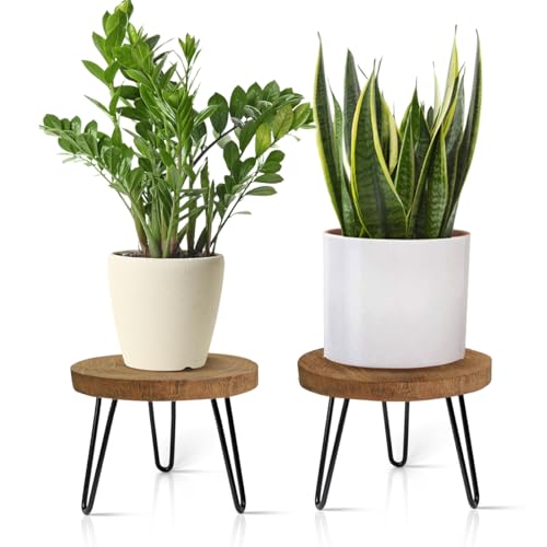 OBTAIN Plant Stand Indoor Outdoor, Wooden plant Stool, Mid Century Plant Stand for Indoor Plants, Wood Modern Plant Holder Rattan Flower, Low Short Boho Rustic Planter Stand Fit 5-15 Inch Pot(M, L) - color: Dark Brown, size: Medium & Large (2-Pack)