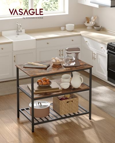VASAGLE Kitchen Island with 3 Shelves, 39.4 Inches Width Kitchen Shelf with Large Worktop, Stable Steel Structure, Industrial, Easy to Assemble, Rustic Brown and Black UKKI005B01 - color: Rustic Brown + Black, size: 39.4"W x 35.4"H, style: without Power O