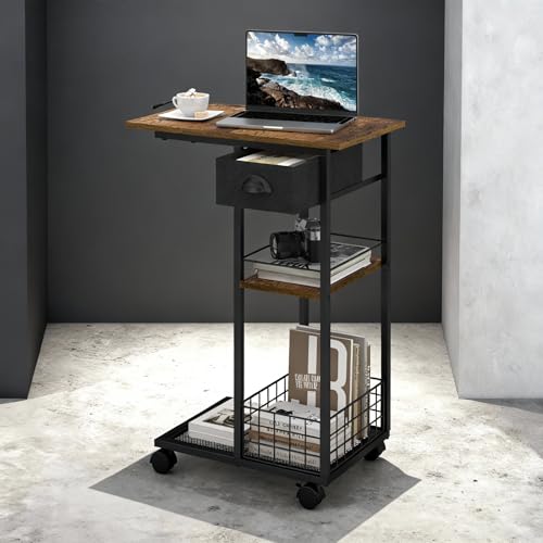 Hayexiha 3-Tier Side Table with Wheels and 360° Rotation, C Table with Drawer, End Table for Couch, Space Saving Small Desk for Narrow Space, TV Tray, Vintage Bedside Table for Living Room, Bedroom