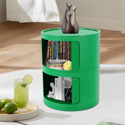 2 Tier Circular Nightstand, Circular Side Table with Storage, Round Cabinet End Table, Sliding Door Design, 88Lbs Load Capacity, Bedroom Living Room Organizer, Modern Green ABS Material, 12.5x15.7 in