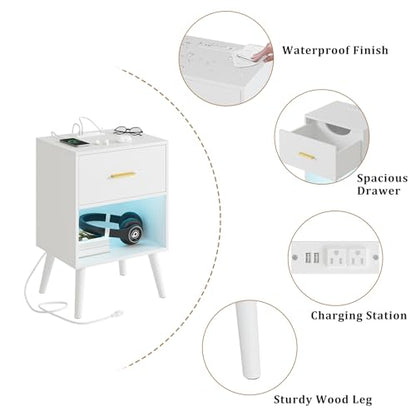 Aienvey Nightstand with Charging Station and LED Lights, White | Small Side Table, Bedside Table with Drawer, Modern Night Stand with Light/Power Strip, End Table for Bedroom, Living Room - color: White