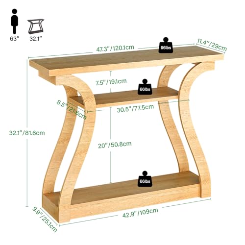 47" Narrow Console Table for Entryway, Wood Sofa Tables with 3-Tier Shelves | Curved Legs Farmhouse Hallway Table, Skinny Console Table Behind Couch, Rustic Wooden Entry Table for Living Room (Natural) - color: Natural