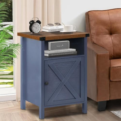Catrimown Farmhouse Nightstand with Barn Door and Shelf, Side Table, Rustic End Table for Bedroom, Living Room, Navy Blue - color: Navy Blue