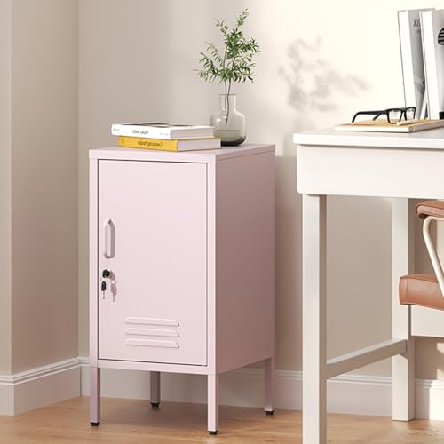 Garvee Metal Locker Nightstand with Shelf,Single Door Lockable Metal End Table,Modern Bedside Table, Versatile Side Cabinet for Bedroom, Living Room, or Office (27.55”h x 13.78”w x 14.96”d) - color: Pink