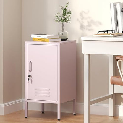 Garvee Metal Locker Nightstand with Shelf,Single Door Lockable Metal End Table,Modern Bedside Table, Versatile Side Cabinet for Bedroom, Living Room, or Office (27.55”h x 13.78”w x 14.96”d) - color: Pink