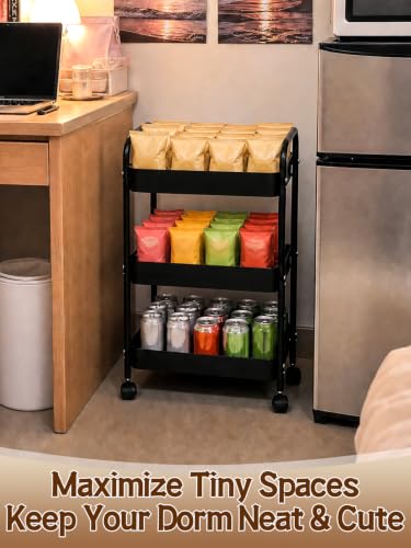 3-Tier Carbon Steel Rolling Cart for Dorm, Black | Utility Cart College Essentials with 360° Swivel Lockable Wheels, Book Cart Self Organizer for Girls Bedside Snack Storage