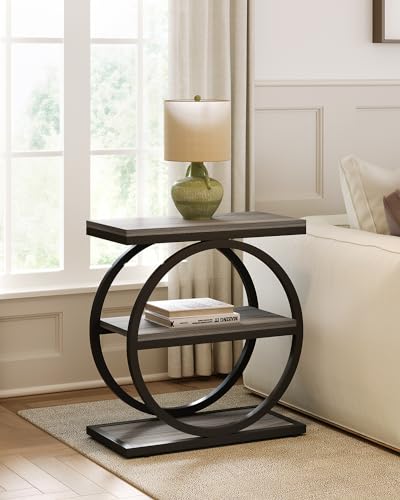 LITTLE TREE End Table Set 2, Side Table with 3 Tiers Shelves, Slim Sofa Side Table for Living Room, Tall Bedside Table Nightstand for Bedroom, Grey and Black - color: Grey