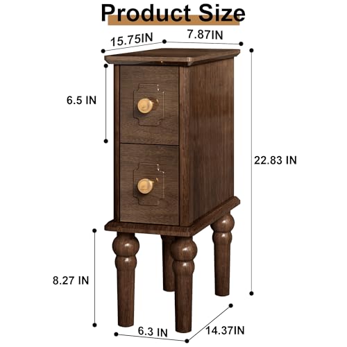 Solid Wood End Table, Walnut Narrow Side Table with Drawers, Small Nightstand Skiny Beside Table for Small Space, Living Room, Bedroom, 8" Width