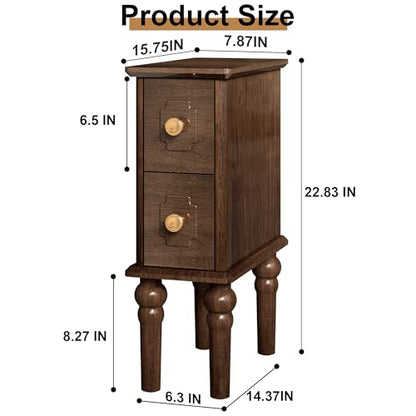 Solid Wood End Table, Walnut Narrow Side Table with Drawers, Small Nightstand Skiny Beside Table for Small Space, Living Room, Bedroom, 8" Width