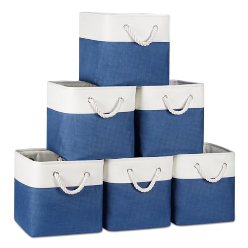 Temary Cube Storage Baskets 11x11, Set of 6 Decorative Fabric Bins with Metal Frame Around the Top Rim, Sturdy Collapsible Organizers for Closet, Office (White & Dark Blue) - color: White&Blue, size: 11(L) x 11(W) x 11(H)