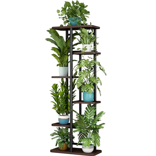 LINZINAR Plant Stand 6 Tier 7 Potted Indoor Plant Shelf Multiple Stands for Garden Corner Balcony Living Room - color: Black Oak, size: 6 Tier-7 Potted