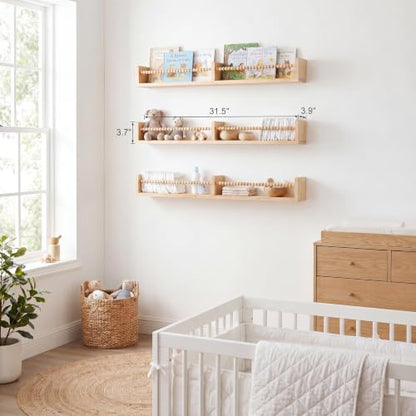Nursery Book Shelves for Wall – Set of 3 Wooden Wall-Mounted Shelves, Premium Pine Wood, Rounded Edges, Nursery Bookshelf for Kids Room Decor, 31.5" x 3.9" x 3.7"