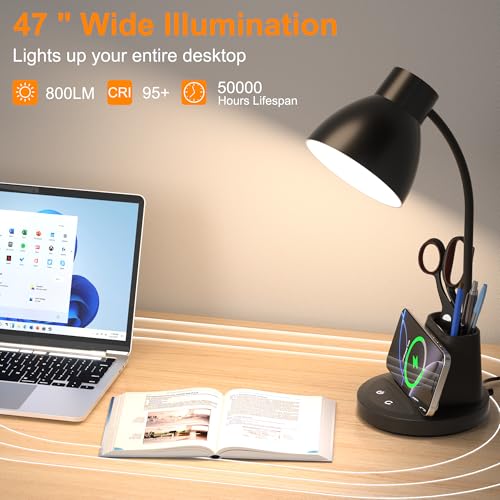 Desk Lamp for Home Office, 10W Wireless Charging, Eye-Caring LED Desk Light, CRI 95+ 3 Color Modes Stepless Dimming Pen Holder, 360° Flexible Arm Desk Lamps for College Dorm, Adapter Included