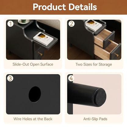 Nightstand with Drawers Set 2, Pre-Assembled, 19.7" H Natural Solid Wood Night Stand with Open Sliding Shelf, Mid Century Modern Small Bedside Table Cabinet for Bedroom, Black 8" - color: Black-2pack, size: 8"