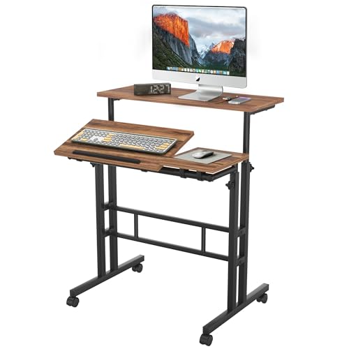 VECELO Mobile Small Standing Desk Adjustable Height, Computer Workstations with Tiltable Tabletop, Lockable Wheels, Portable Rolling Laptop Desk for Home Office, Brown - color: Brown