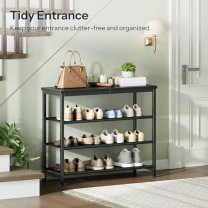 HOOBRO Shoe Rack with 3 PU Shelves, 4-Tier Shoe Storage Organizer for Closet and Entryway, Holds 9-12 Pairs of Shoes, Sturdy Metal Frame, Small Spaces, Rustic Brown and Black BF94XJ01