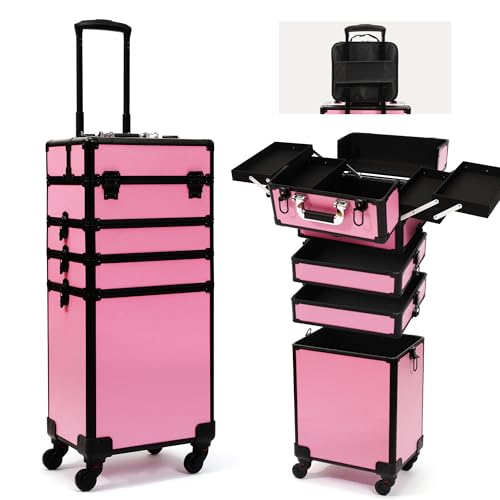 Particle Rolling Makeup Train Case Professional Cosmetic Trolley Large Storage Organizer with Key Swivel Wheels Salon Barber Case -Extra Portable Cosmetic Bag, Pink - color: Pink