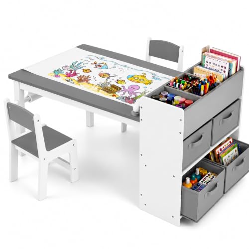 Kids Art Table & 2 Chairs Set, Wooden Activity Craft Desk w/ Paper Roll | Sturdy Wooden Table with Organizers, Open Shelves, Removable Bins, for Toddlers Art Crafts Drawing Painting Writing (Grey) - color: Grey