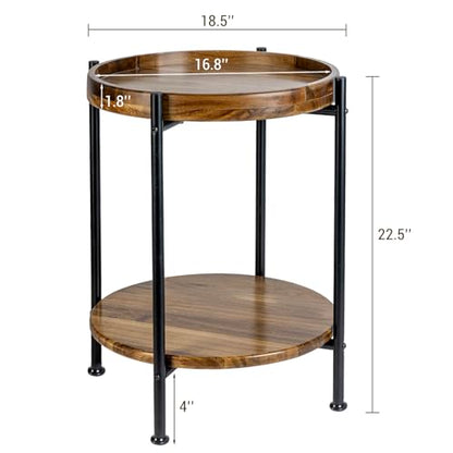 MyGift 2 Tier Round End Table with Premium Acacia Solid Wood Shelf and Black Metal Frame, 22 Inch Tall Side Table Modern Home Living Room or Bedroom Furniture